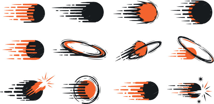 Abstract Speed Effect Icons Vector Set: Fast Moving Ball, Comet, Meteor, Planet, and Comet Trail Symbols for Tech, Sports, Gaming, Motion, Delivery, and Dynamic Graphic Design