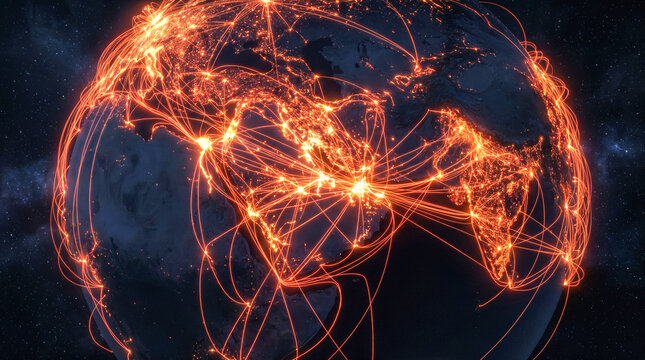 Glowing digital network connections covering planet earth from space representing global internet communication international trade and modern business technology concept