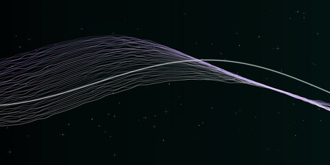 Abstract wavy lines with light purple and white colors on dark background with small stars digital art. © Sushanto Mondal