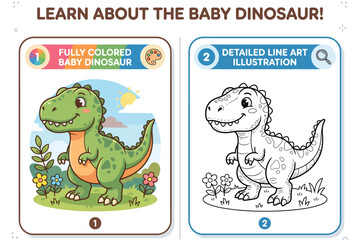 Baby dinosaur illustration with floral elements and a light blue scenic background © Md