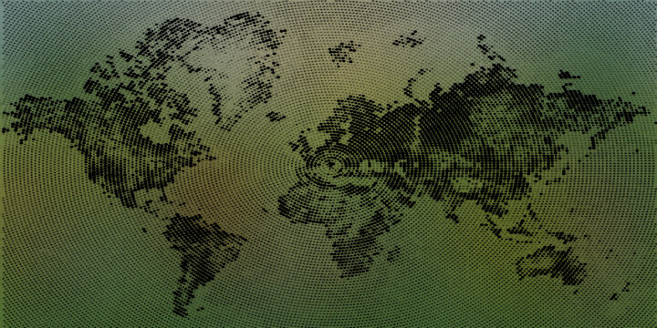 Abstract world map silhouette overlayed on circular halftone dot pattern against a green and earth tone color gradient background.