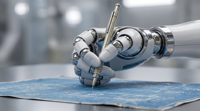 Advanced artificial intelligence robotic arm holding silver mechanical pencil drafting detailed engineering blueprints on flat desk surface representing future