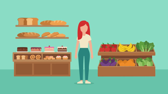 Illustration of a woman in a grocery store with various food products