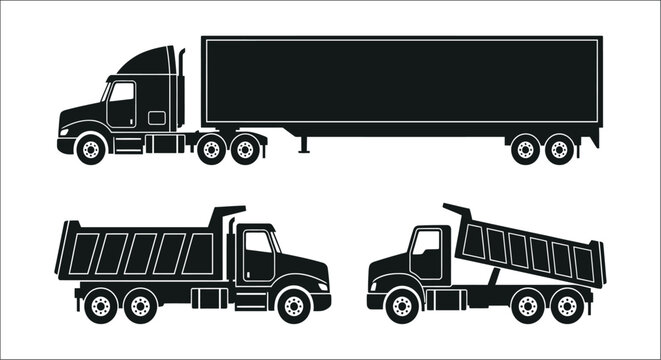 Black silhouette depictions of semi truck dump truck and trailer on a white background trucks