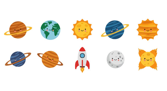 Kawaii cartoon planets and rocket ship set