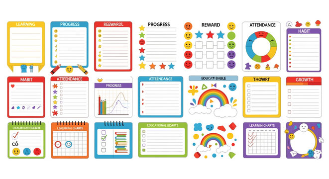 Colorful educational progress and reward charts for kids