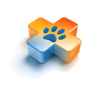 Colorful graphic of pet care symbol with paw print and cross shape