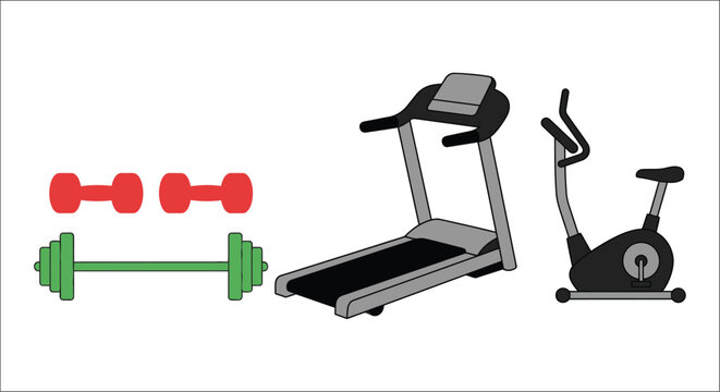 Fitness equipment illustration featuring dumbbells a treadmill and an exercise bike on a white background