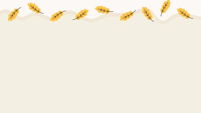 Seamless looping background animation of swinging orange oak leaves at the top. Flat style seasonal autumn illustration with a wide text copy space on ivory cream solid color