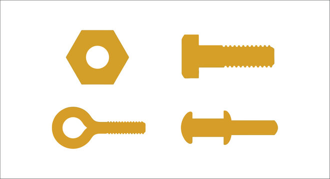 Hexagonal nut and bolts flat vector illustration in golden yellow against a white background fastener