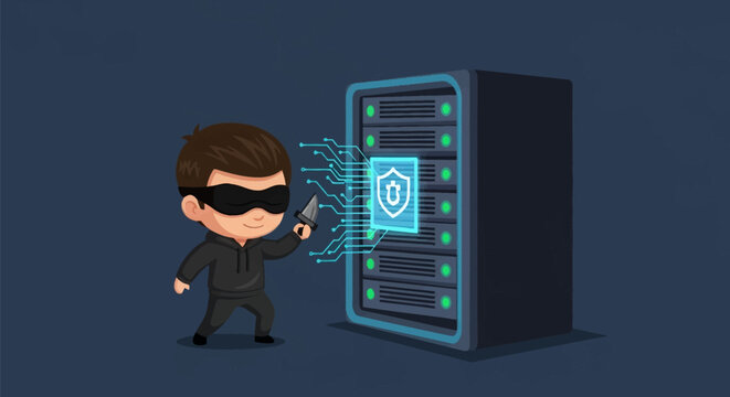 Chibi cartoon hacker in black hoodie and mask holding a tool while attempting to breach a secure computer server rack with glowing blue shield firewall icon and digital circuits.