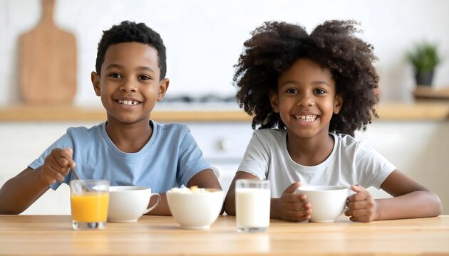 Dos ni&ntilde;os desayunando en la cocina con leche, zumo y cereales en ambiente familiar luminoso y saludable