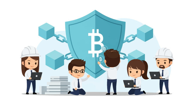 Cute chibi IT team collaborating on cryptocurrency security featuring a large blue shield with a Bitcoin logo, blockchain nodes, and developers with laptops on white background.