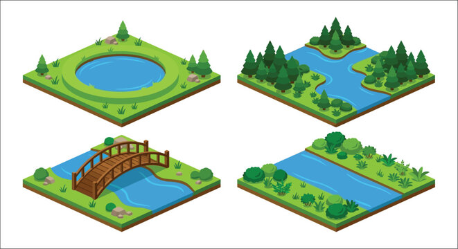 Isometric landscape scenes with water features and vegetation a vector illustration scenery terrain river lake