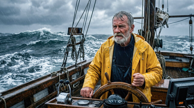 Rugged senior fisherman steering wooden boat wheel through dangerous stormy ocean waves wearing waterproof yellow jacket during severe heavy offshore rough weather