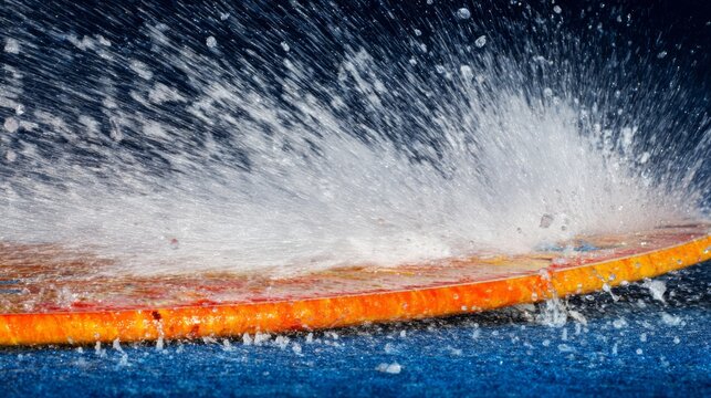 wakeboard. A wakeboard cutting through blue water, creating a white spray arc in sunlight. event key visuals, club posters, designed for fitness apps and gym onboarding, drives event promotion.
