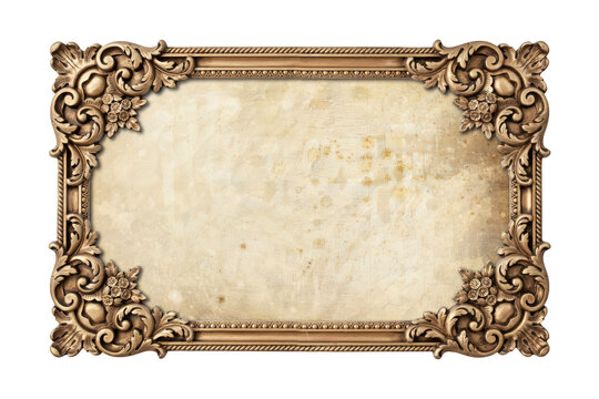 Ornate antique gold frame with intricate floral carvings and a vintage stained paper center isolated on a white background, for display