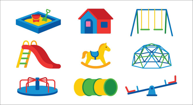 Playground Equipment Collection Flat Vector Illustrations On White Background play structures recreation outdoor childhood fun