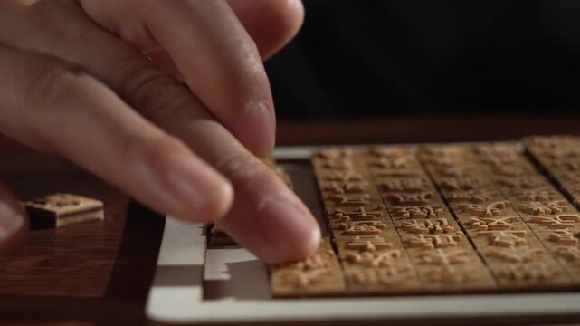 Hand Arranging Carved Wooden Character Blocks in Tray
