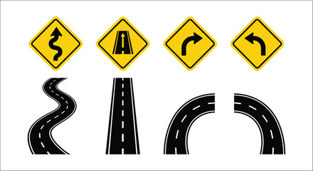 Road sign icons and winding road silhouettes on a white background transportation safety symbols traffic © Vactor media 