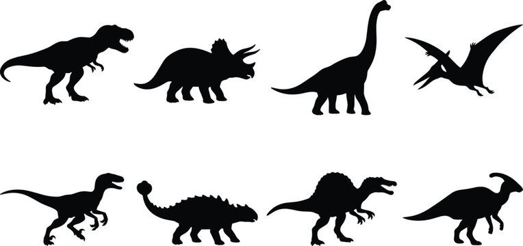 Dinosaur Silhouette Icons Set with Prehistoric Reptiles and Flying Pterosaur Collection