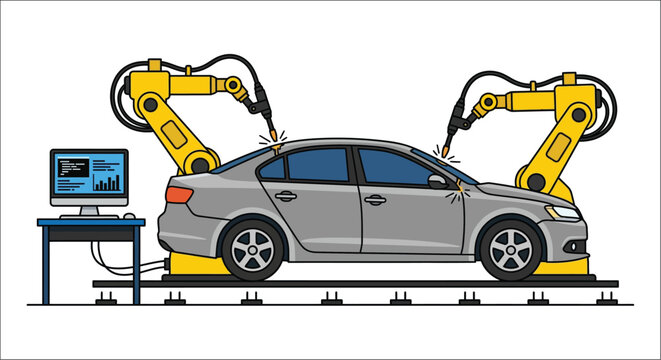 Automotive assembly line with robotic arms and gray sedan vector illustration automobile car vehicle manufacturing