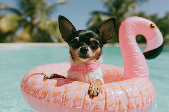 Chihuahua dog wearing a pink inflatable flamingo float in a swimming pool surrounded by tropical palm trees on a sunny day