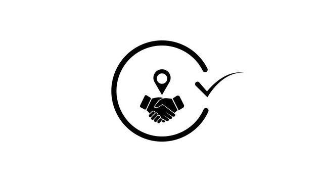 Location partnership agreement confirmed with handshake and checkmark animation map pin