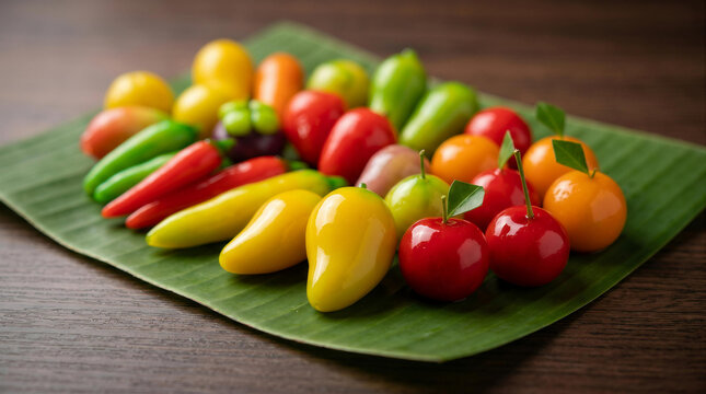 Close up of colorful Thai dessert Luk Chup miniature fruits on banana leaf over wooden table