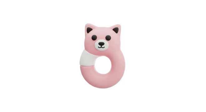 Pink bear shaped baby teether toy.