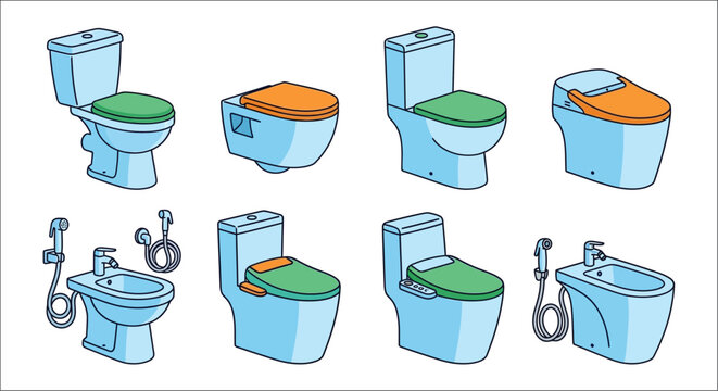 Assorted toilet designs a vector illustration with blue and green color scheme toilets lavatory commode