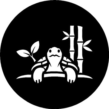 Cute cartoon turtle with bamboo and leaves illustration.