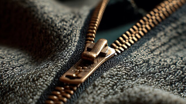 Close up of a metallic zipper on grey textured clothing.