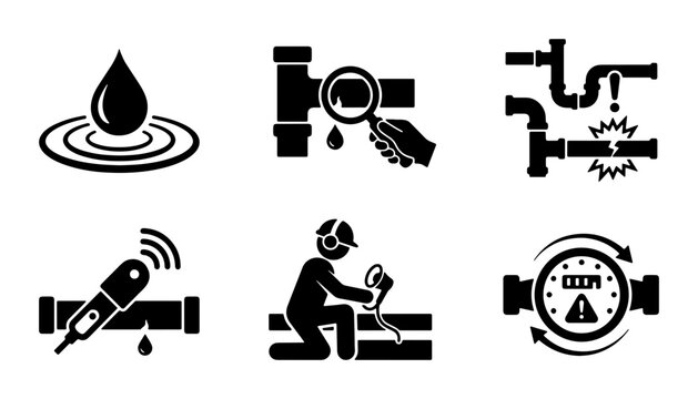 Plumbing Icons Set: Leak Detection, Repair, Water Meter, and Maintenance Symbols. Vector Graphics for Service Professionals and Homeowners.