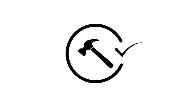 Hammer with checkmark animation construction, repair, diy project completion tick verified approved