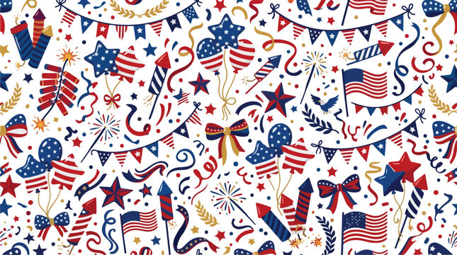American patriotic seamless pattern with flags fireworks and stars
