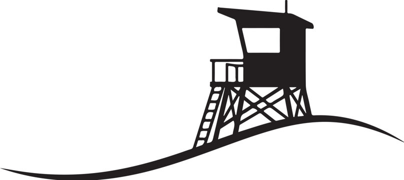 Black silhouette of a lifeguard tower on a hill landscape