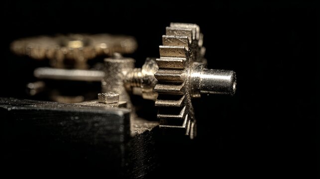 disengaging. A single metal gear disengaging from a complex clockwork mechanism. safety posters, maintenance manuals, designed for precision metalworking and fabrication facilities.
