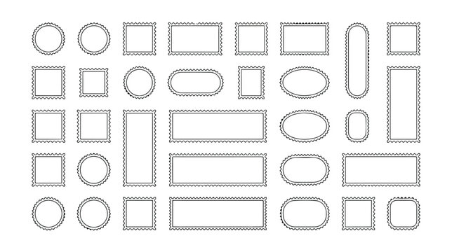 Minimalist postage stamp frame set, 30 gray perforated border icons, vector collection of square and circular mail edge shapes for graphic design