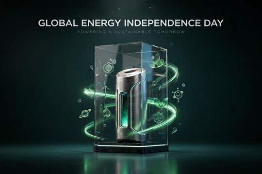 Global energy independence day concept, sustainable future battery technology in glass display, renewable power storage and green electricity icons