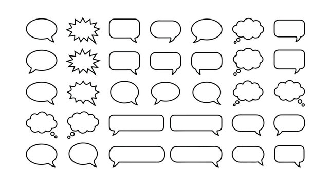 Minimalist speech bubble vector set, 32 outline chat icons for comic dialogue, black line thought clouds and message balloons for web design