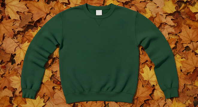 Forest green sweatshirt displayed on autumn leaves. Blank garment laid flat on a bed of colorful leaves. Generic apparel model for printing or design mock-ups. outdoor setting.