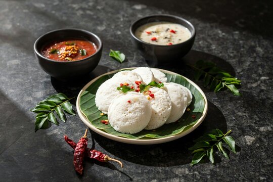 south indian idli with coconut chutney and sambar traditional breakfast food photography scene