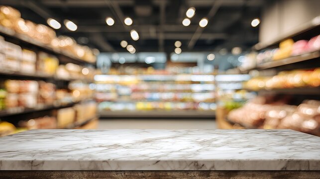 
Empty wooden tabletop with blurred supermarket aisle background, product display mockup and retail shopping concept