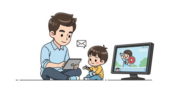 Cute chibi style vector illustration of a father working on a digital tablet while his young son eats a snack and watches a video on a computer monitor, multitasking at home.