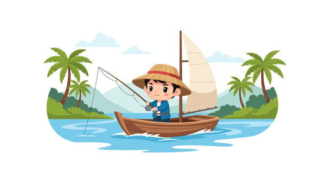 Vector illustration of a cute chibi fisherman wearing a conical straw hat, sailing a small wooden boat and holding a fishing rod in a tropical island setting with palm trees.