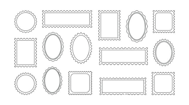 Vintage postage stamp frames set, 14 decorative scalloped border vectors, blank philatelic postmark labels for mail and scrapbooking design
