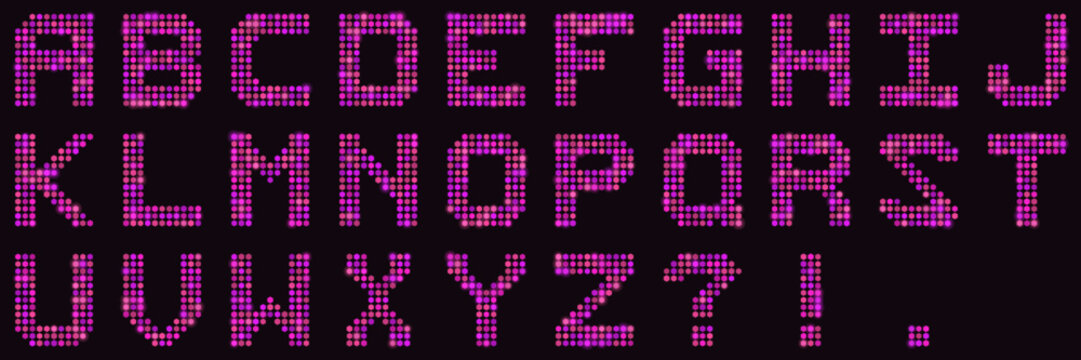 Pink Neon Dot Matrix Alphabet Set Digital LED Display Font for Retro Gaming and Cyberpunk Graphic Design Projects