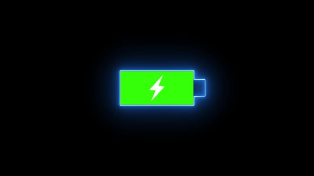 glowing neon symbol of vertical symbol of charging empty battery isolated on black background. glowing battery icon with Lightning bolt symbol.