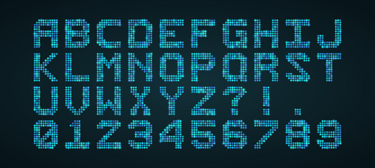 Fototapeta premium Digital Dot Matrix Alphabet and Numbers Set Glowing Cyan LED Pixel Font for Futuristic Technology UI Design